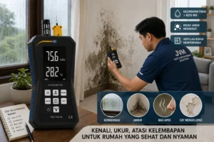 Alat ukur kelembapan PCE-THD 50 menunjukkan 75,6% RH dan 28,2°C saat pemeriksaan dinding rumah yang mengalami jamur dan kelembapan tinggi.
