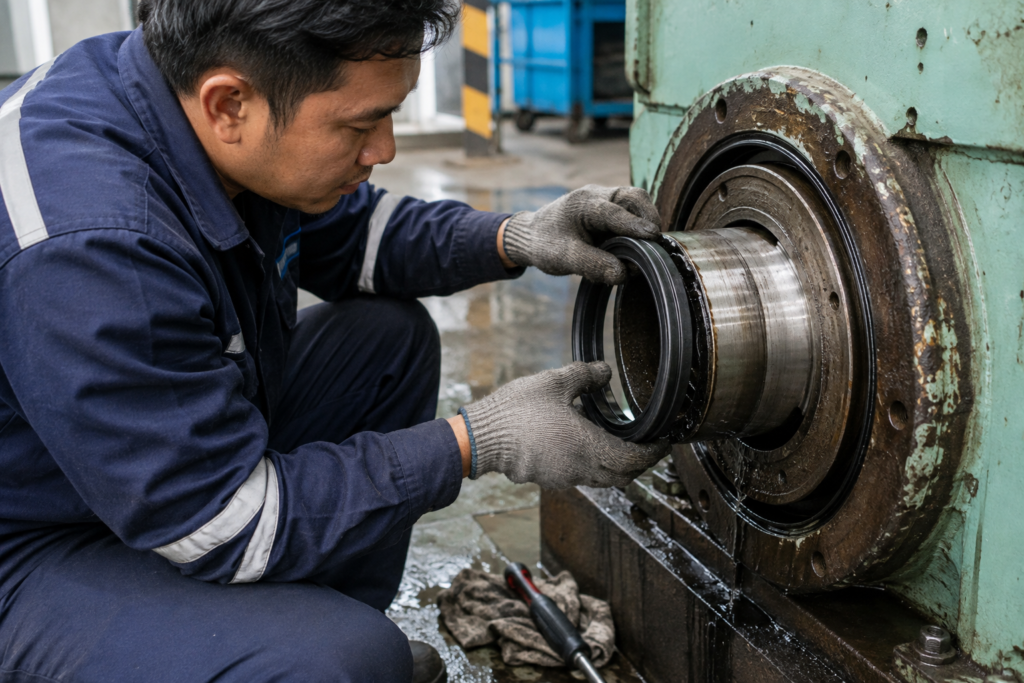 Teknisi sedang memperbaiki karet seal yang bocor pada mesin industri dengan memasang seal baru di sekitar poros untuk menghentikan kebocoran fluida.