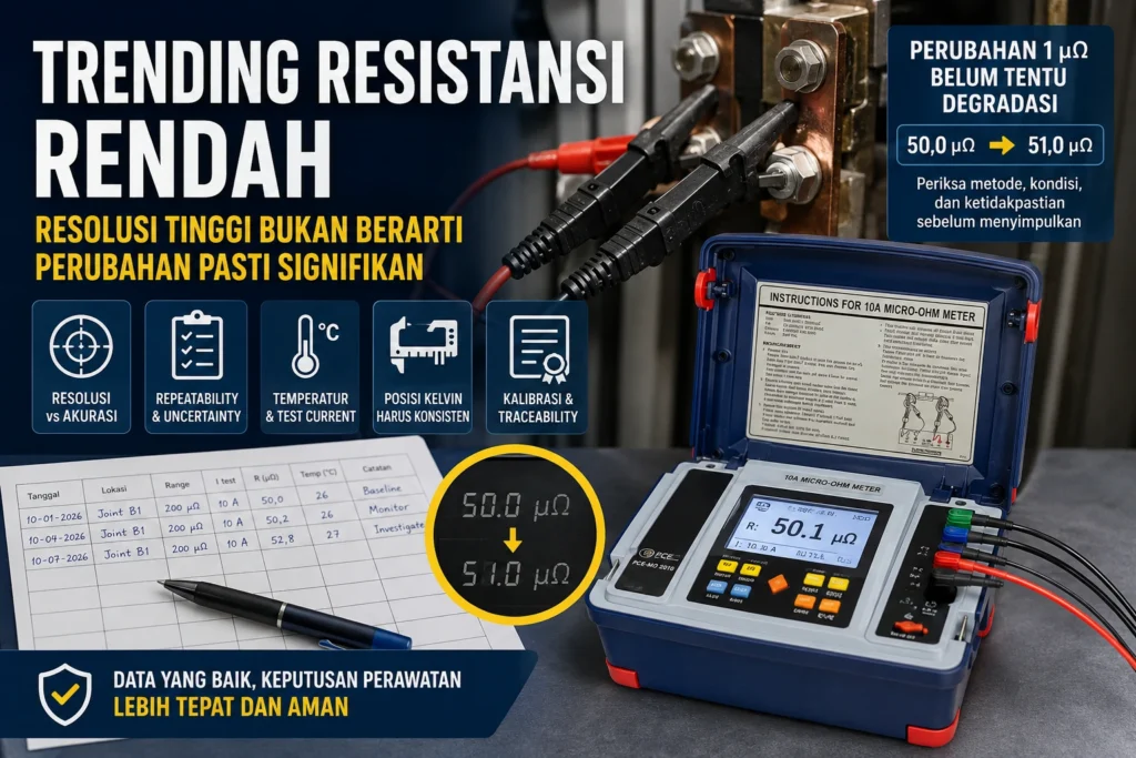 Micro-ohm meter mengukur resistansi rendah pada sambungan listrik dengan fokus pada resolusi, akurasi, temperatur, test current, dan posisi Kelvin clamp.