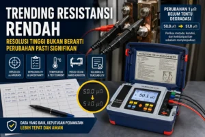 Micro-ohm meter mengukur resistansi rendah pada sambungan listrik dengan fokus pada resolusi, akurasi, temperatur, test current, dan posisi Kelvin clamp.