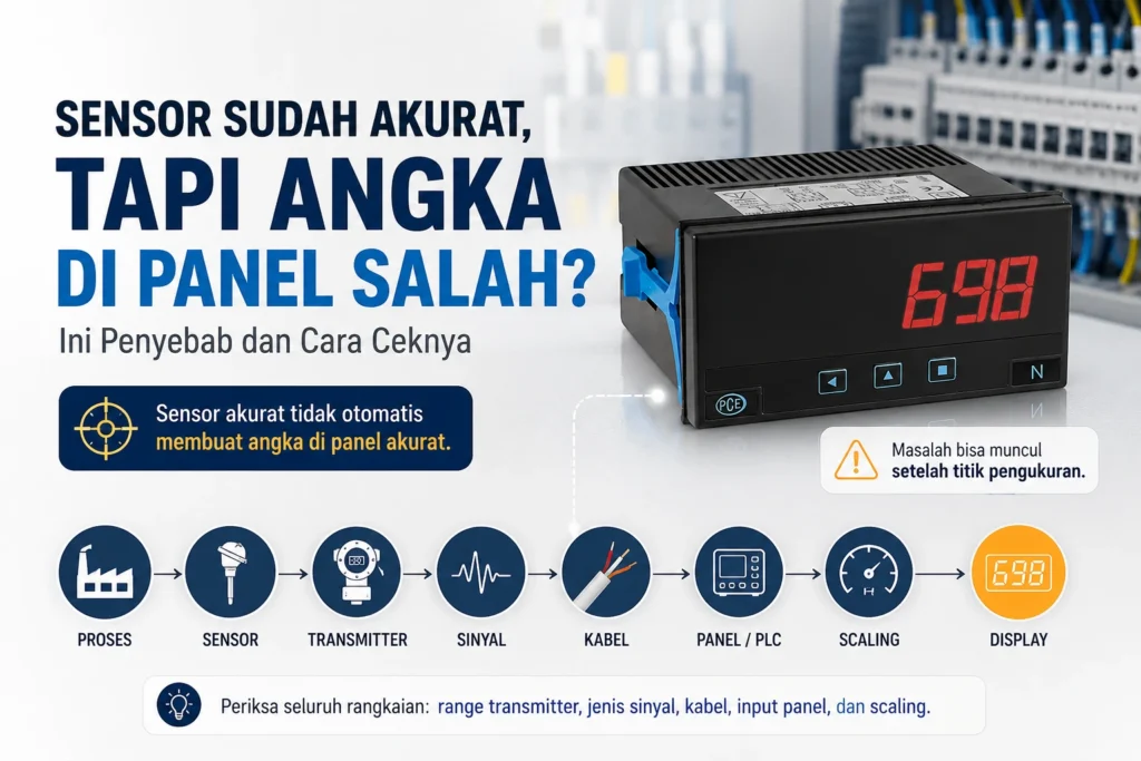 Panel Indicator PCE-DPD-U dengan layar LED merah menampilkan angka 698, digunakan untuk menampilkan dan memantau sinyal proses industri seperti 4–20 mA, tegangan, RTD, dan thermocouple.