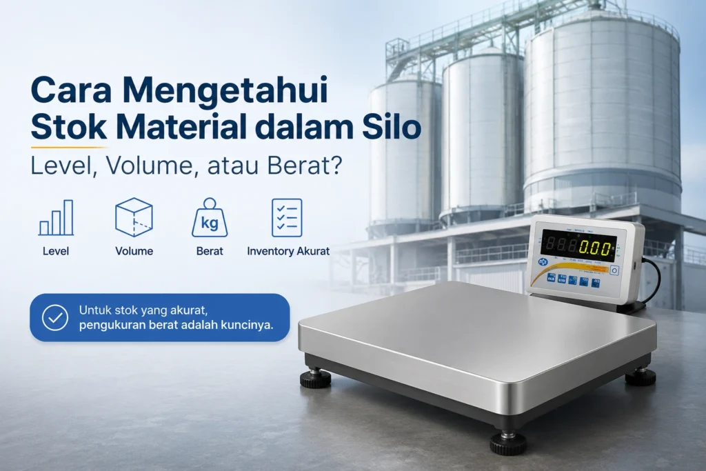 Ilustrasi pengukuran stok material dalam silo menggunakan timbangan platform industri