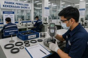 Teknisi laboratorium melakukan uji kekerasan Shore A pada sampel karet menggunakan durometer digital untuk memastikan tingkat kekerasan material sesuai standar kualitas.