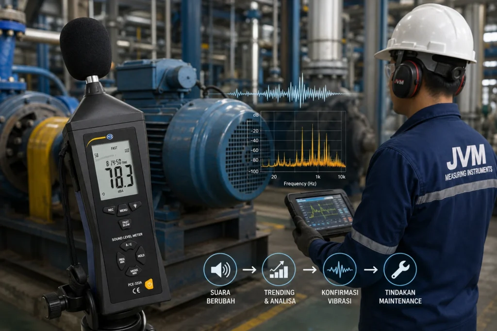 Sound level meter mengukur suara mesin industri dengan tampilan grafik spektrum frekuensi dan teknisi melakukan monitoring kondisi mesin.