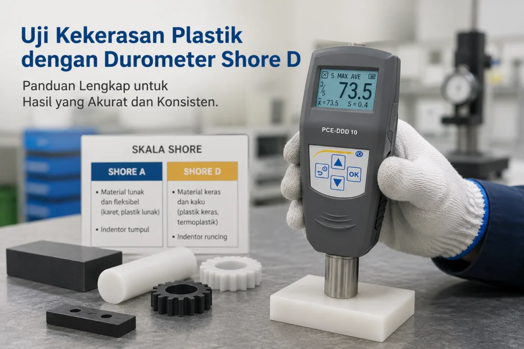 Durometer digital PCE-DDD 10 digunakan untuk mengukur kekerasan plastik dengan metode Shore D pada sampel plastik.