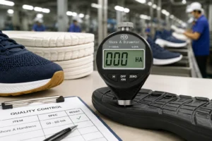 Durometer Shore A digunakan untuk mengukur kekerasan sol sepatu olahraga dalam proses kontrol kualitas di lini produksi.