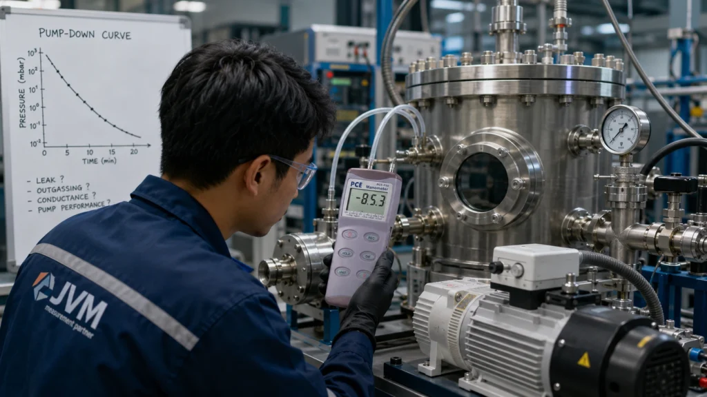 Teknisi memantau penurunan tekanan sistem vakum menggunakan manometer digital