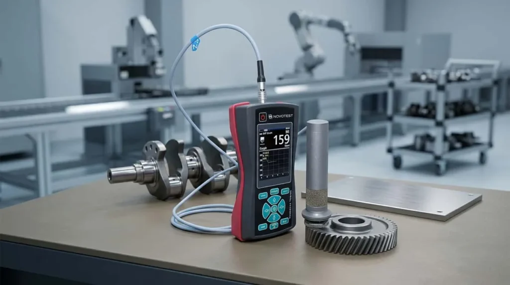 Alat Ukur Kekerasan UCI NOVOTEST T-U3 - tester portabel dengan probe UCI dan layar digital di lantai produksi
