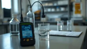 Alat ukur turbidity meter digital dengan sensor dicelupkan ke dalam gelas kimia berisi air jernih, digunakan untuk mengukur kekeruhan air di laboratorium pengujian kualitas air.