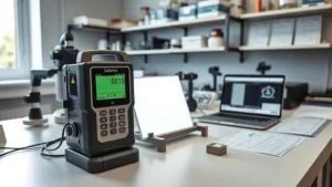 Alat ukur luminansi mengukur sumber cahaya di lab kalibrasi, penting untuk lembaga sertifikasi.