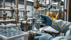 Teknisi mengambil sampel air uji TSS dari sampling valve jalur HPAL menggunakan botol kaca, memastikan hasil konsisten.
