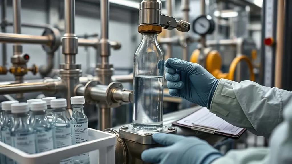 Teknisi mengambil sampel air uji TSS dari sampling valve jalur HPAL menggunakan botol kaca, memastikan hasil konsisten.