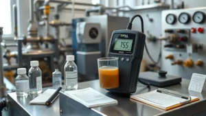 TSS meter with probe in turbid slurry sample for early detection of thickener and filter press HPAL issues