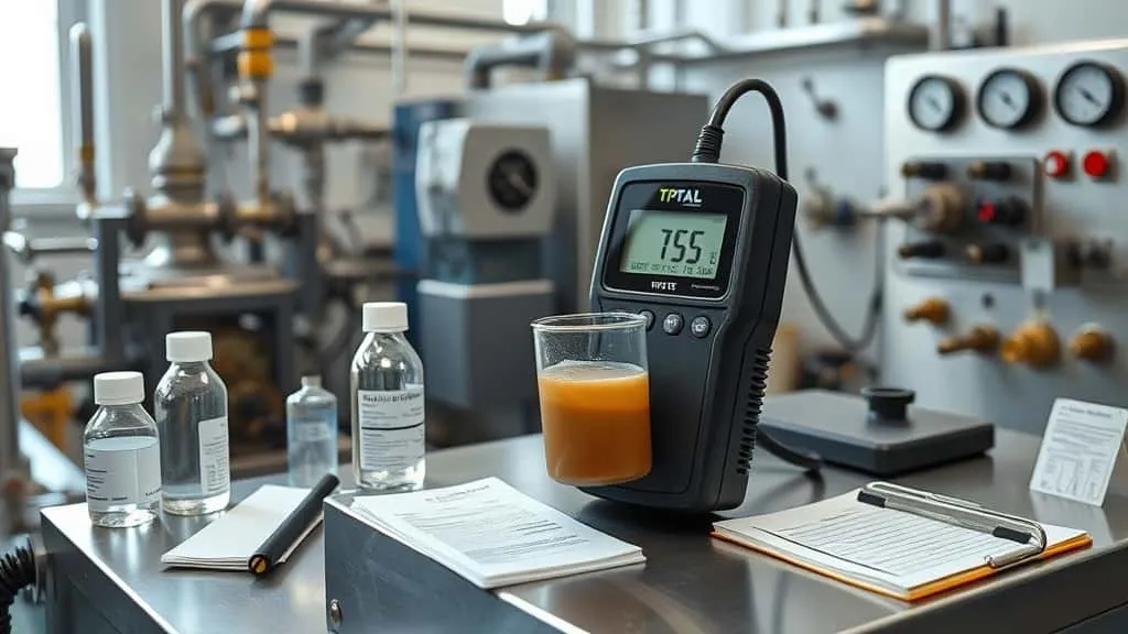 TSS meter with probe in turbid slurry sample for early detection of thickener and filter press HPAL issues