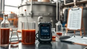 Pengukuran TSS pada slurry nikel laterit dengan TSS meter portabel di dekat thickener HPAL untuk efisiensi proses.