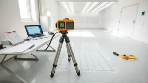 Lux meter pada tripod dengan grid titik pengukuran pencahayaan ruang uji untuk laporan konsisten