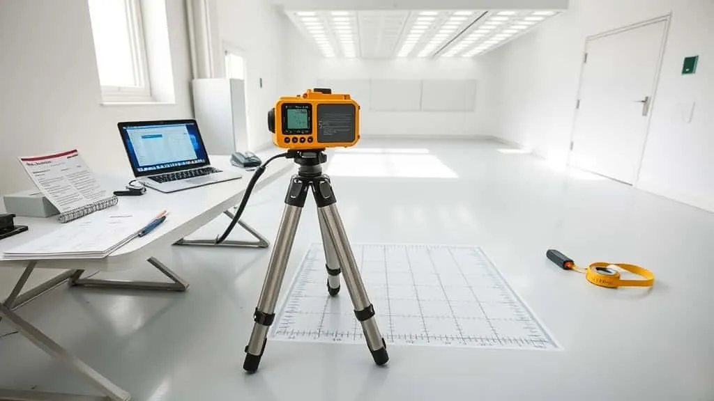Lux meter pada tripod dengan grid titik pengukuran pencahayaan ruang uji untuk laporan konsisten