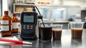 TSS meter portable Partech 750W2 tim QC menguji slurry HPAL, probe terendam sampel keruh di laboratorium.