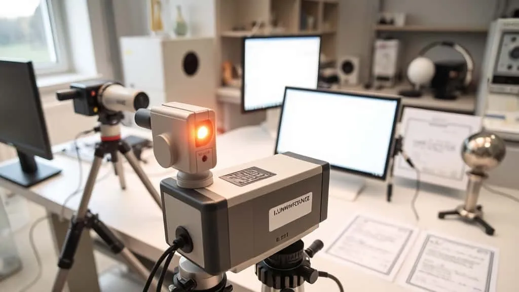 Lux meter mengukur illuminance dan luminance meter mengukur luminansi di lab uji dengan layar referensi putih.