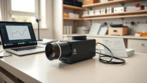 Luminance meter untuk sertifikasi lab dan kalibrasi KAN, di meja kerja dengan integrating sphere dan sertifikat kalibrasi.