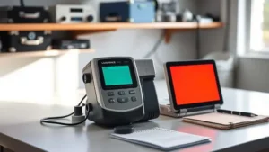 Alat ukur luminansi mengukur kecerahan panel cahaya di meja lab dengan standar kalibrasi