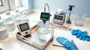 Pengukuran TSS air dengan meter portabel di laboratorium, untuk panduan standar baku mutu plant HPAL.