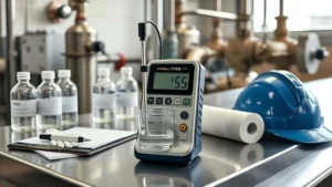 Titik ukur TSS di Plant HPAL: meter portabel mengukur sampel air dengan peralatan sampling lapangan untuk cek kepatuhan.