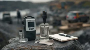 Portable turbidity meter measuring water clarity in a field sample jar at a mining site, with calibration tools and field notebook nearby.