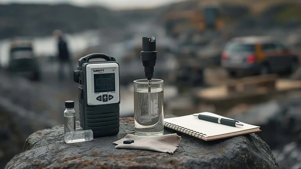 Portable turbidity meter measuring water clarity in a field sample jar at a mining site, with calibration tools and field notebook nearby.
