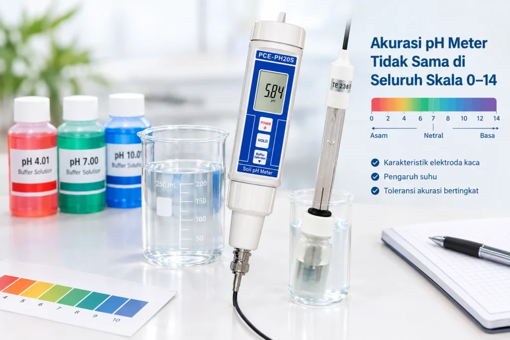 PCE-PH20S pH meter untuk mengukur akurasi pH pada rentang 0–14 dengan buffer kalibrasi
