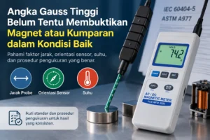 Gauss meter PCE-MFM 3000 mengukur medan magnet dengan memperhatikan jarak probe, orientasi sensor, dan suhu