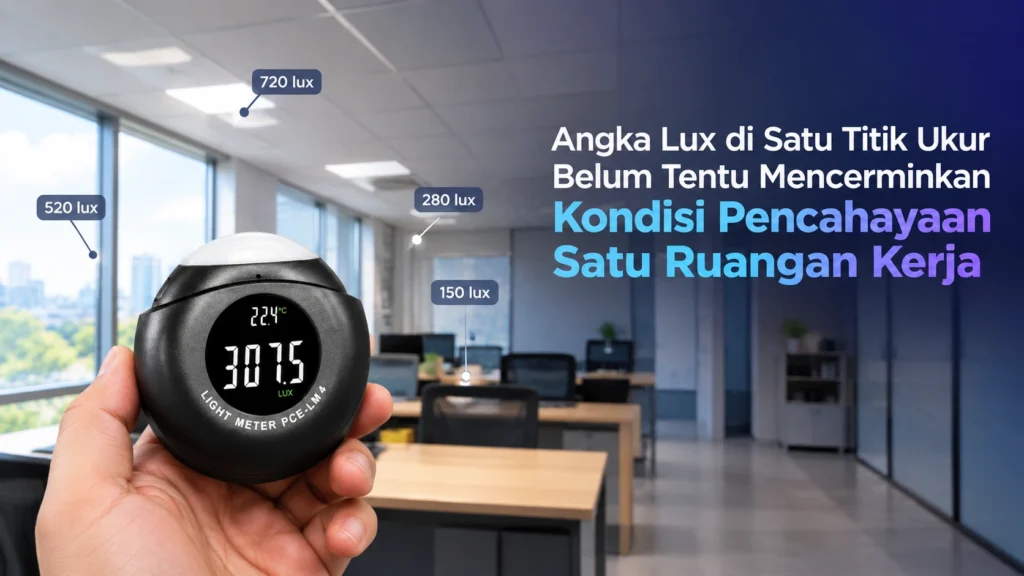 Lux meter PCE-LM 4 mengukur pencahayaan di ruang kerja dengan nilai 307,5 lux