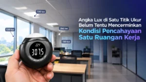 Lux meter PCE-LM 4 mengukur pencahayaan di ruang kerja dengan nilai 307,5 lux
