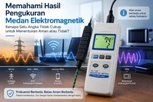 Alat ukur medan elektromagnetik EMF meter dengan tampilan nilai V/m dan ilustrasi sumber frekuensi berbeda seperti jaringan listrik, WiFi, ponsel, dan perangkat rumah tangga.