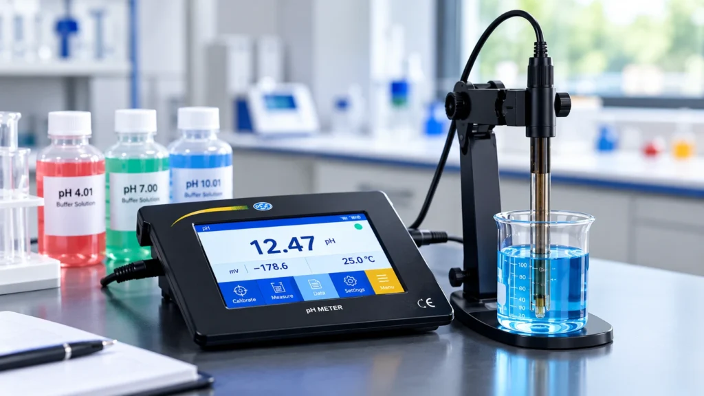 pH meter benchtop mengukur larutan basa dengan elektroda pada pH 12,47