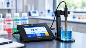 pH meter benchtop mengukur larutan basa dengan elektroda pada pH 12,47