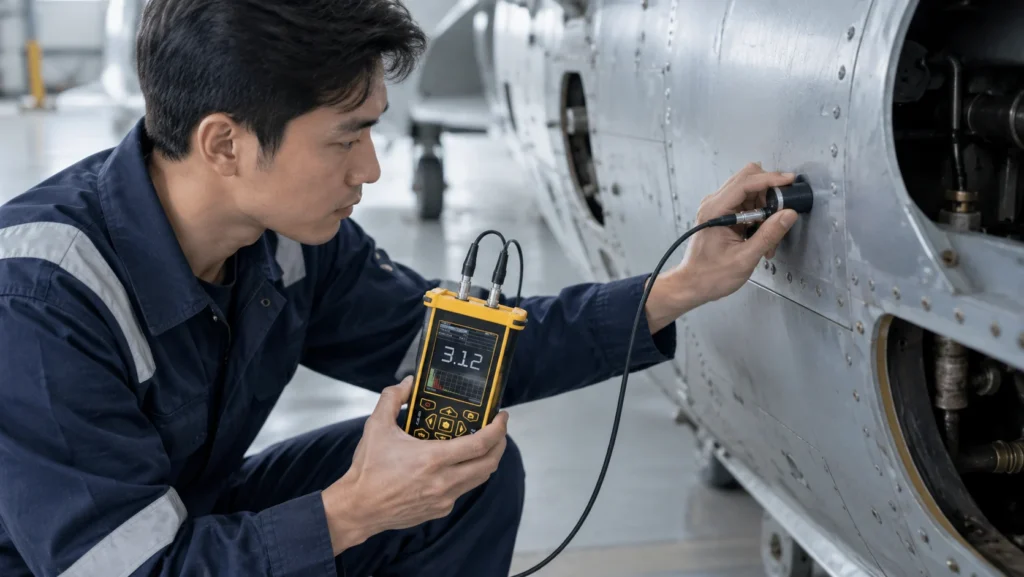 tim teknis NDT mengukur ketebalan dinding komponen aerospace menggunakan NOVOTEST UT-3M-EMA - perangkat genggam dengan layar digital dan probe untuk inspeksi NDT.