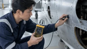 tim teknis NDT mengukur ketebalan dinding komponen aerospace menggunakan NOVOTEST UT-3M-EMA - perangkat genggam dengan layar digital dan probe untuk inspeksi NDT.