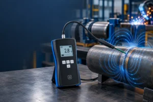 Gaussmeter mengukur residual magnetism pada sambungan pipa baja dengan tampilan medan magnet di sekitar area pengelasan.