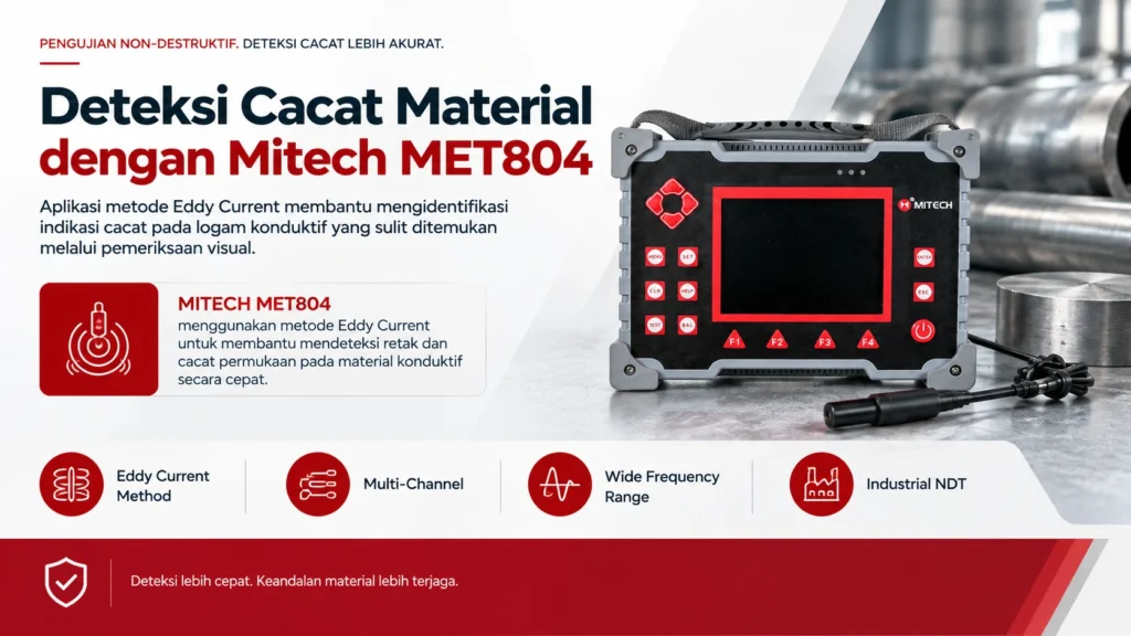 MITECH MET804 menggunakan metode Eddy Current untuk membantu deteksi retak dan cacat permukaan pada material konduktif secara cepat.