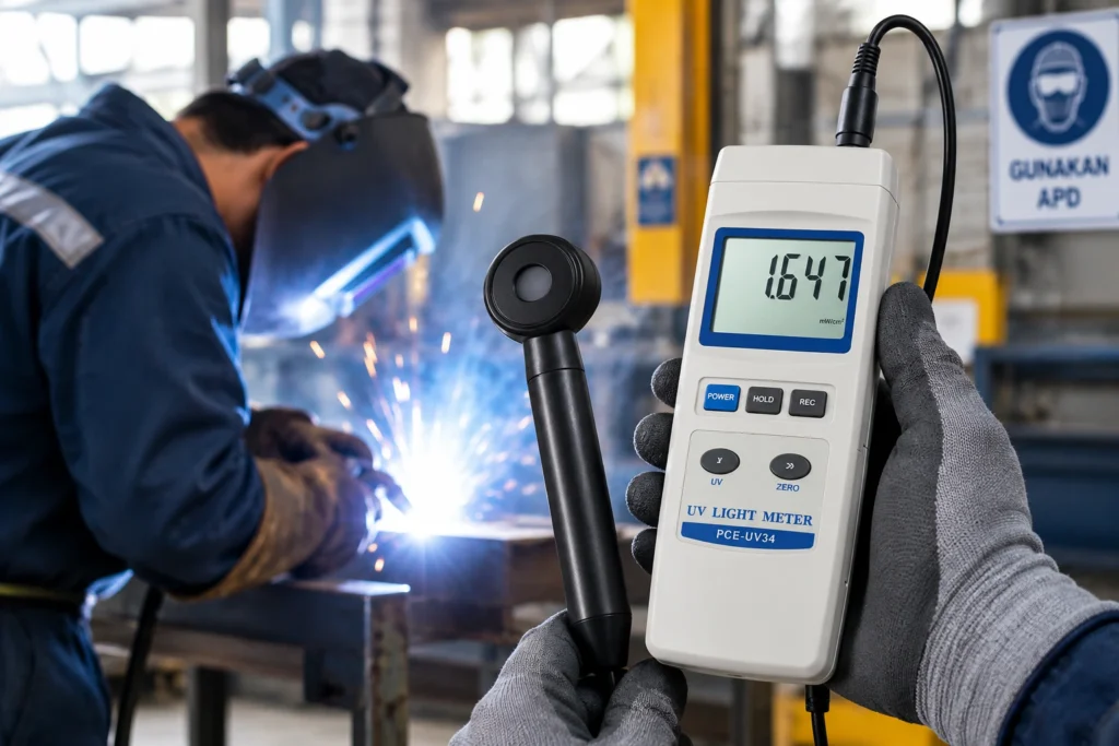 UV meter PCE-UV34 digunakan untuk mengukur intensitas sinar UV pada area pengelasan