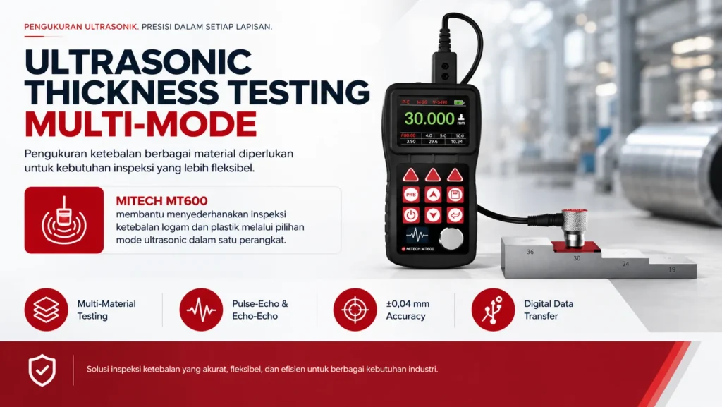 ULTRASONIC THICKNESS TESTING MULTI-MODE MITECH MT600 membantu menyederhanakan inspeksi ukur ketebalan logam dan plastik melalui pilihan mode ultrasonic dalam satu perangkat.