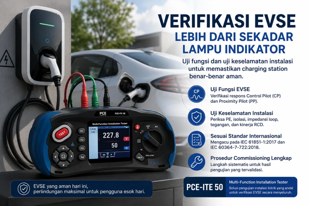 Feature image pengujian EVSE menggunakan PCE-ITE 50 untuk verifikasi fungsi charging station dan keselamatan instalasi listrik.