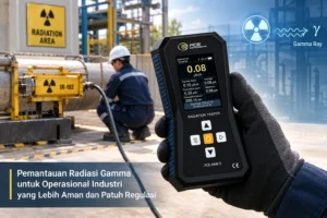 Petugas industri menggunakan PCE-RAM 3 untuk pemantauan radiasi gamma di area radiografi industri.