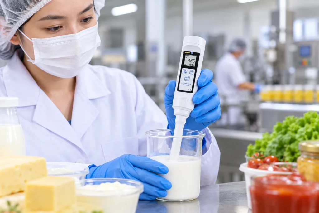 Pekerja laboratorium mengukur pH sampel makanan menggunakan pH meter digital