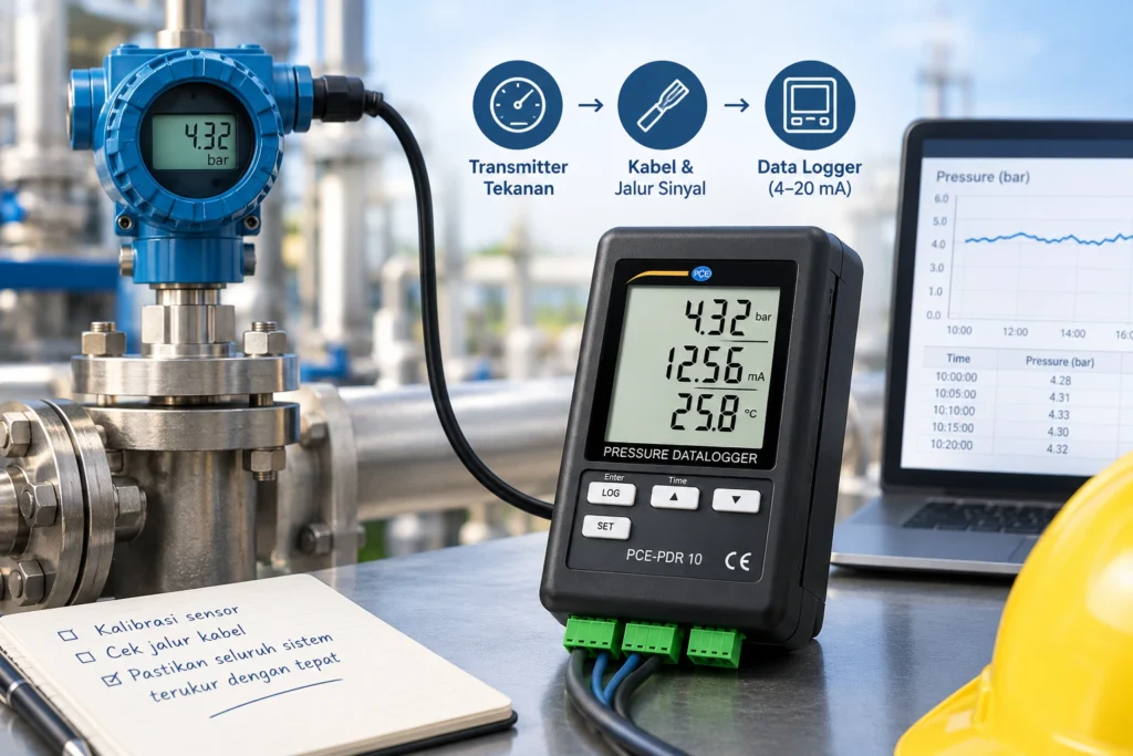 PCE-PDR 10 data logger tekanan terhubung ke transmitter tekanan melalui sinyal 4–20 mA