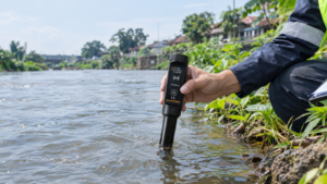 Petugas mengukur pH air sungai menggunakan pH meter Bluetooth portabel PCE-PHB 10 di lapangan