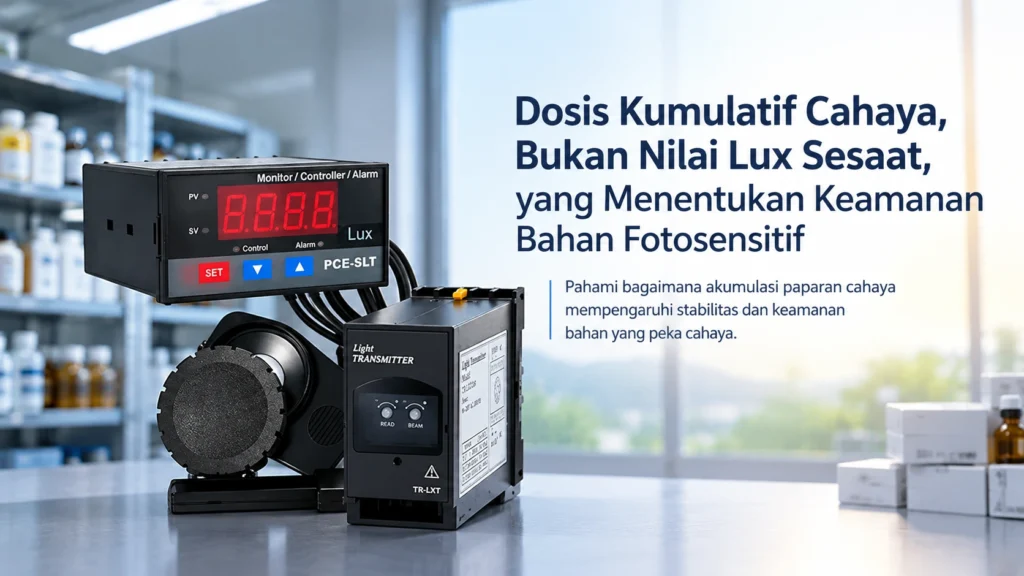 Sistem pemantauan lux tetap dengan sensor cahaya dan alarm untuk memantau dosis kumulatif cahaya pada bahan fotosensitif.