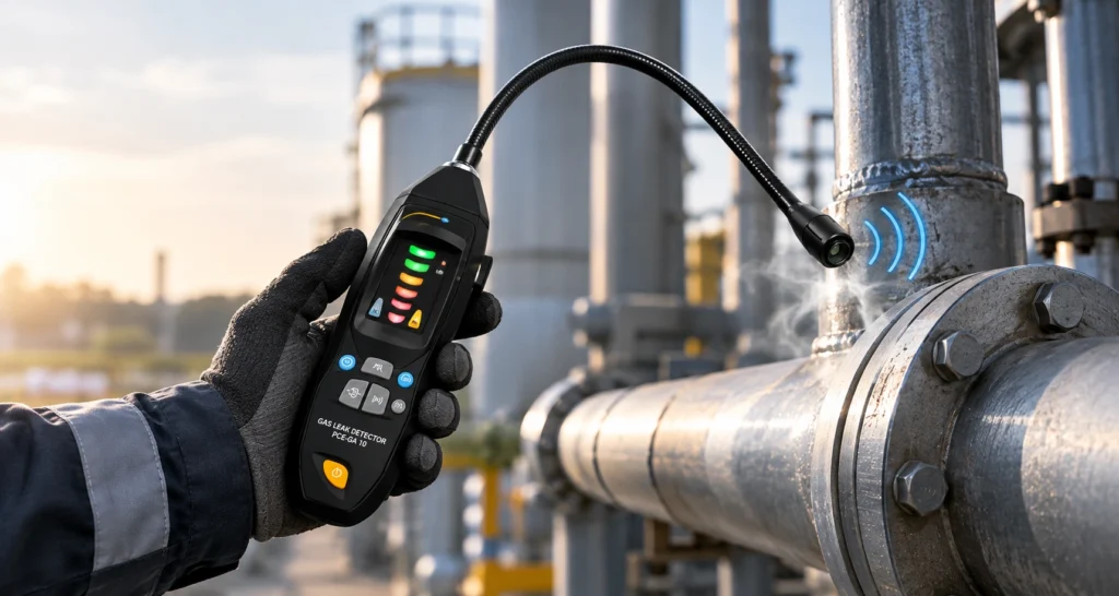 Gas leak detector PCE-GA 10 digunakan untuk mendeteksi kebocoran gas pada sambungan pipa industri