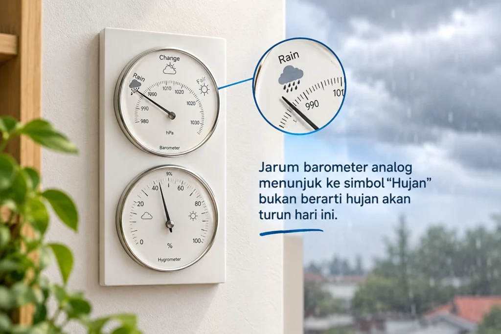 Barometer analog menunjuk ke area simbol “Rain” atau “Hujan” pada stasiun cuaca, dengan higrometer di bagian bawah dan suasana cuaca mendung di luar jendela.